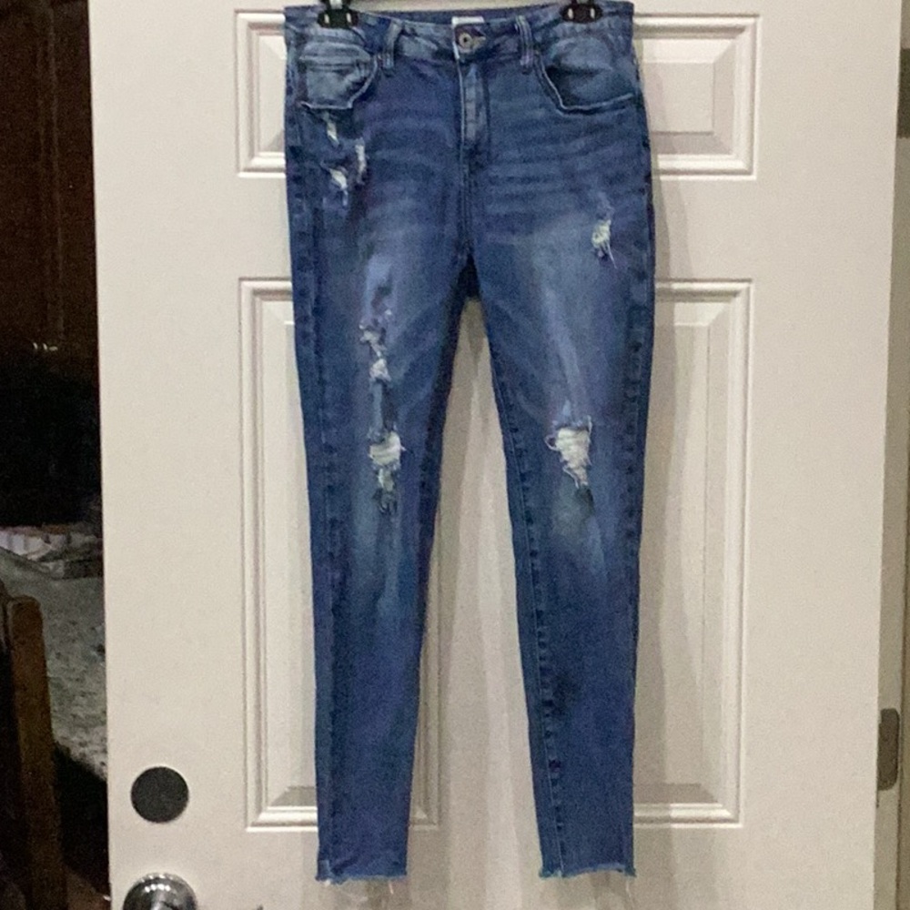 Preowned Special A Distressed Blue Denim Jeans Skinny Leg Size 11 (Item#P041)